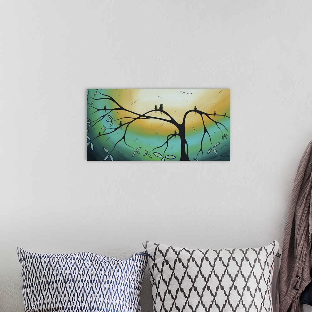 A bohemian room featuring Painting on canvas of birds sitting the branches of a tree silohuetted against a bright sky.