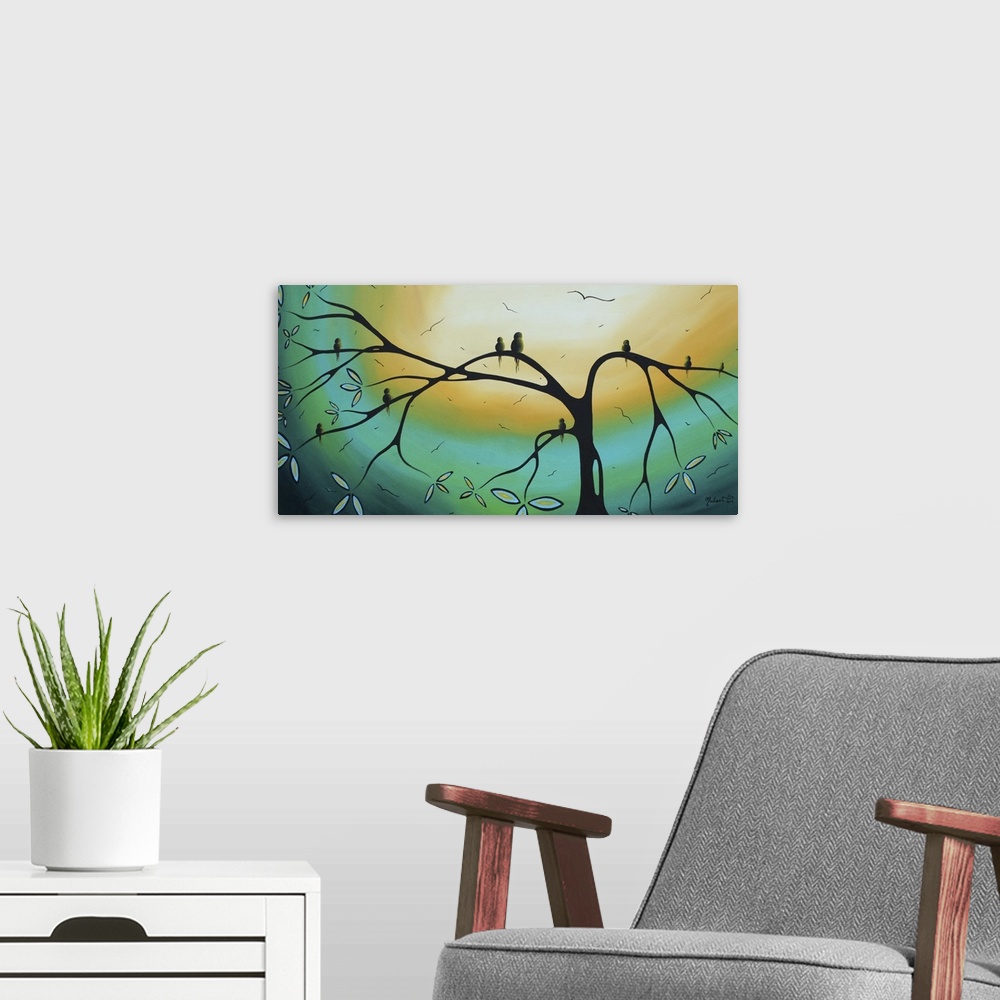 A modern room featuring Painting on canvas of birds sitting the branches of a tree silohuetted against a bright sky.