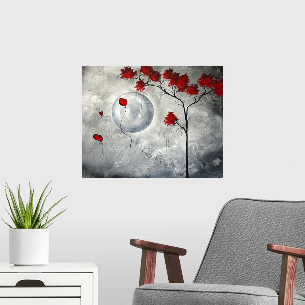 A modern room featuring Contemporary black and white painting of a tree with accents of red for it's leaves and heart sha...