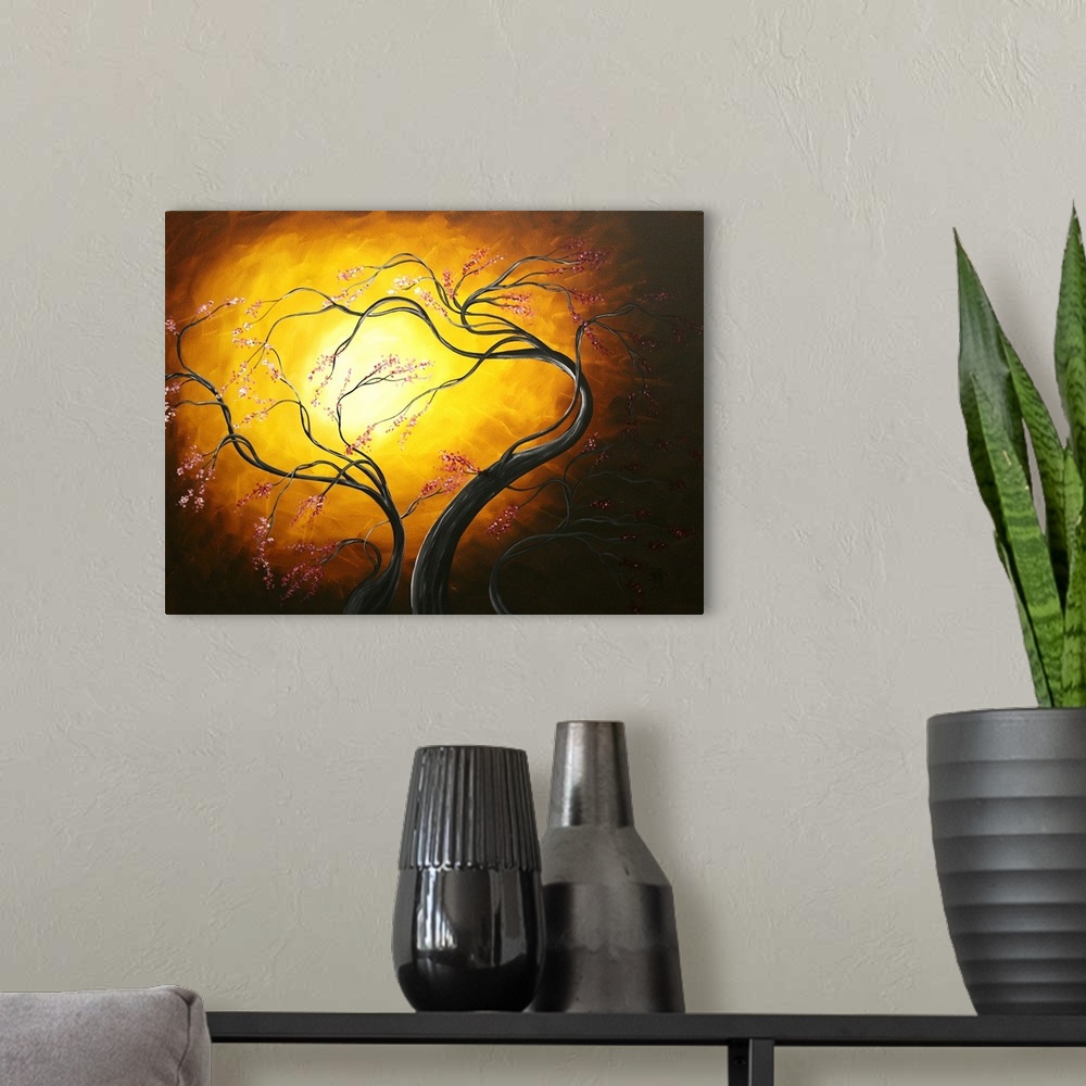 A modern room featuring Bright, rich, and colorful contemporary abstract painting of twisted trees with branching winding...