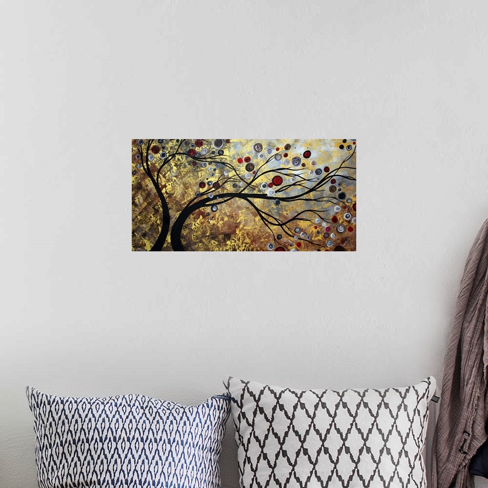 A bohemian room featuring Abstract artwork featuring two trees swaying surrounded by ciruclar and other ornate designs. Mix...