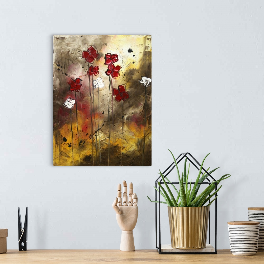 A bohemian room featuring Big, vertical, contemporary painting of a small grouping of flowers standing upright, on long, th...