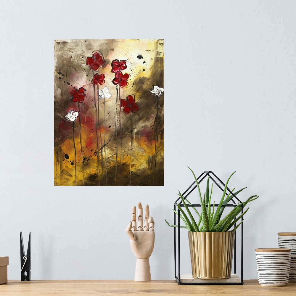 A bohemian room featuring Big, vertical, contemporary painting of a small grouping of flowers standing upright, on long, th...