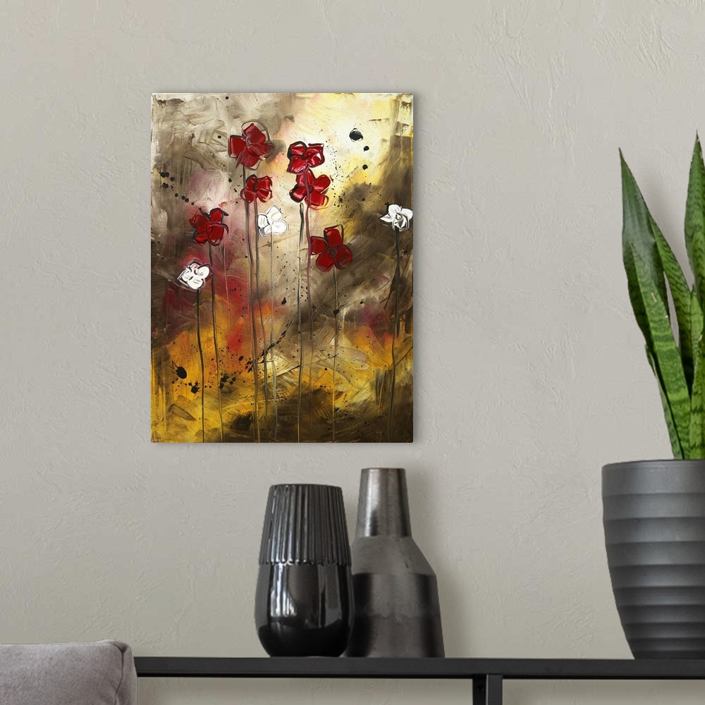A modern room featuring Big, vertical, contemporary painting of a small grouping of flowers standing upright, on long, th...