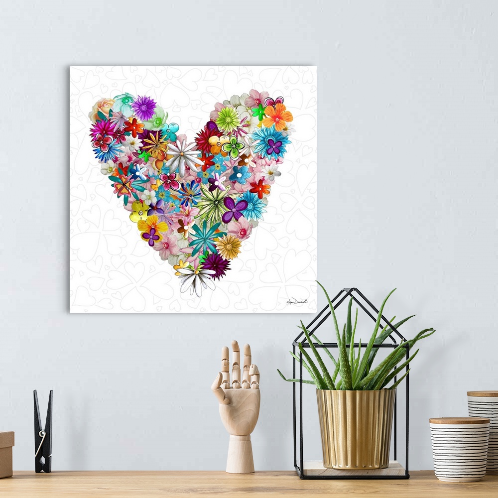 A bohemian room featuring Illustration of several flowers in different colors making up a large heart.