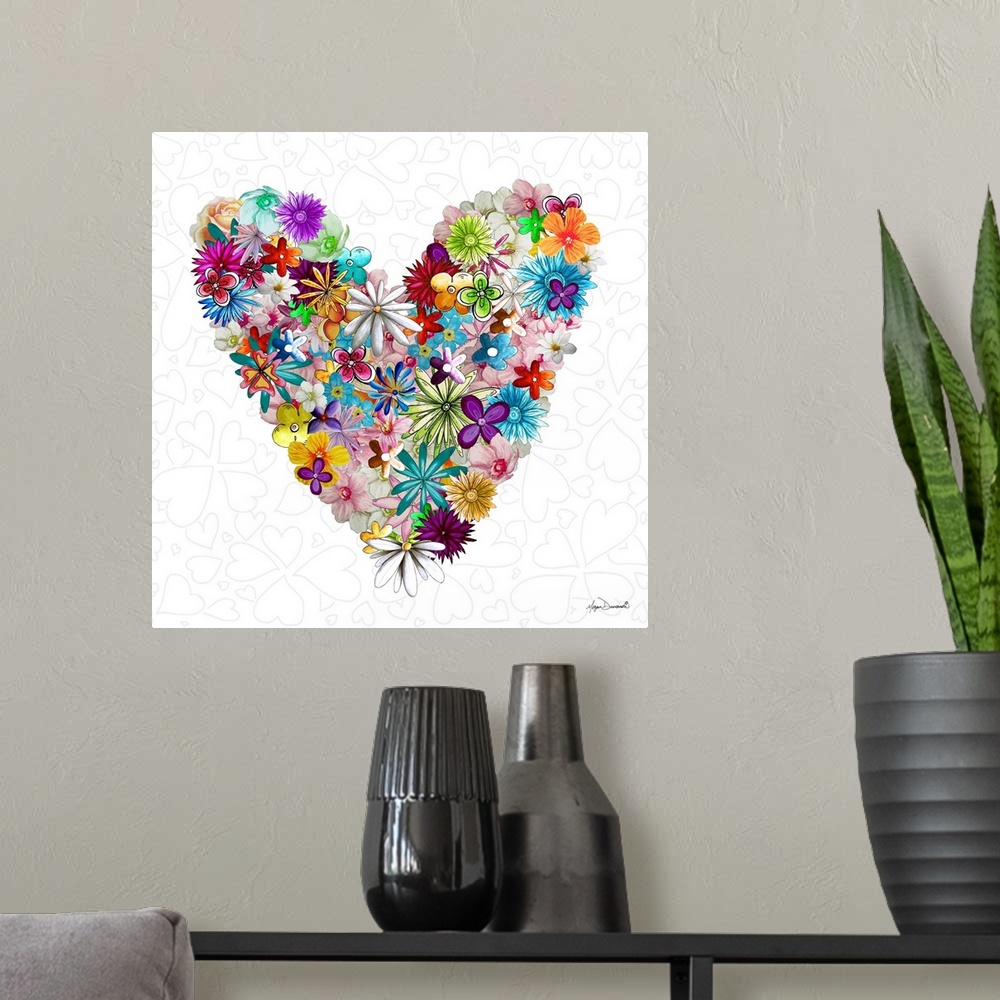 A modern room featuring Illustration of several flowers in different colors making up a large heart.