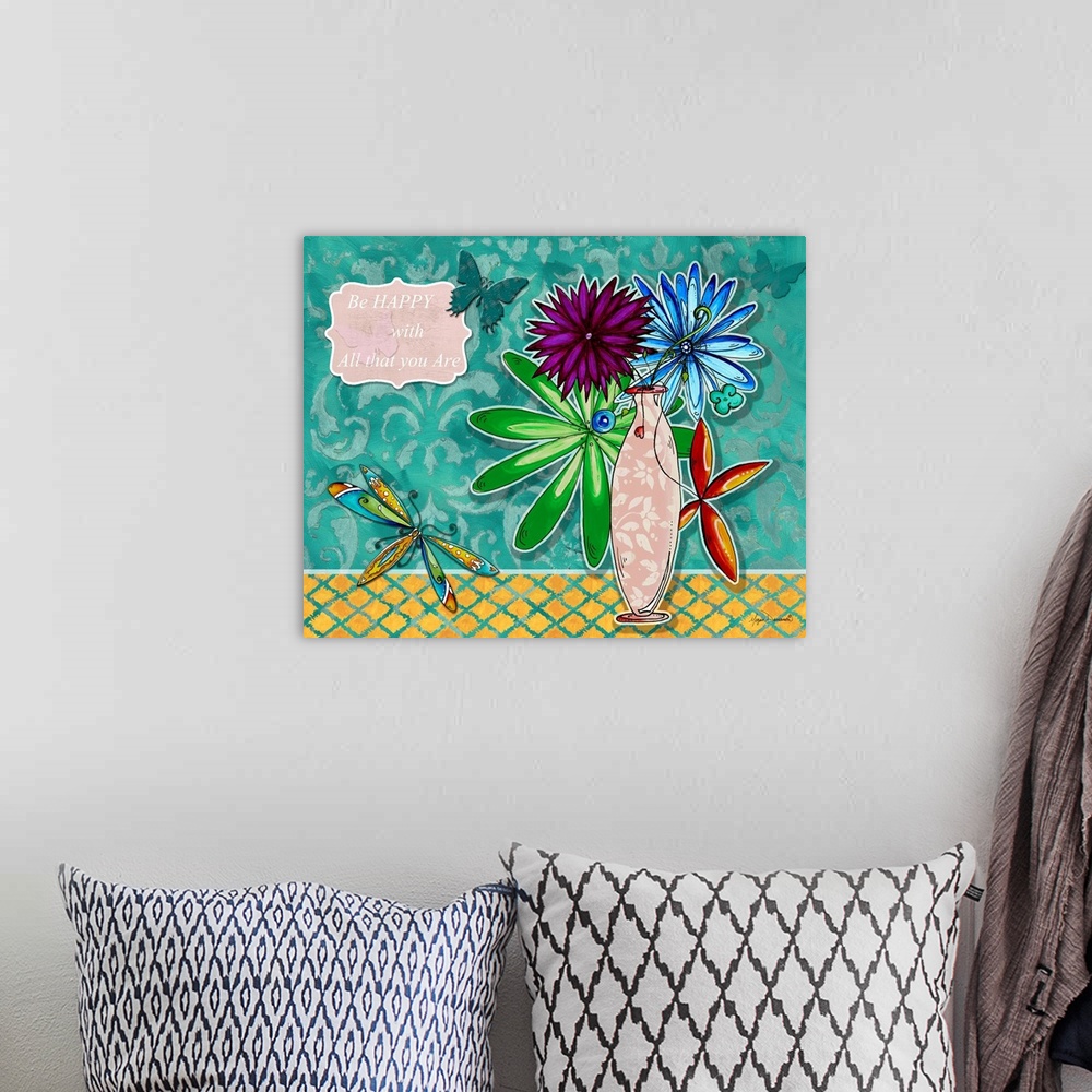 A bohemian room featuring Cute illustration of a bouquet of flowers on a patterned background, with an inspirational quote ...