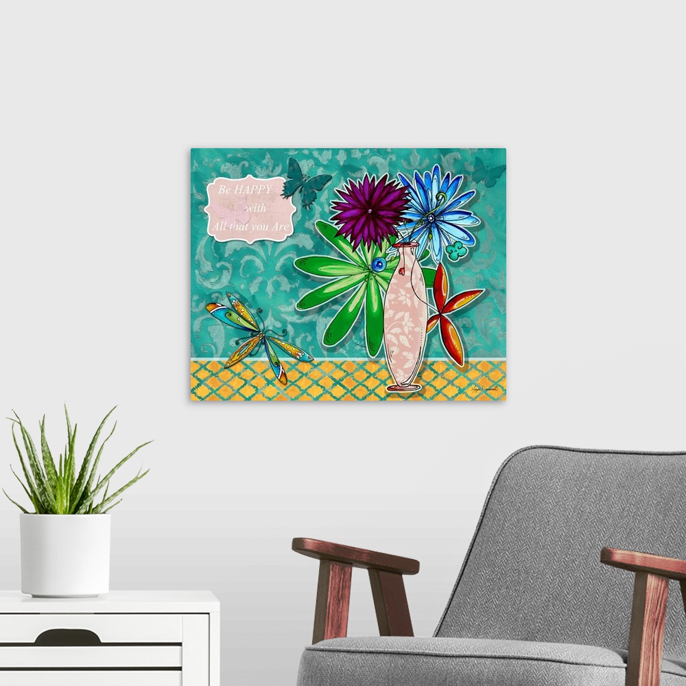 A modern room featuring Cute illustration of a bouquet of flowers on a patterned background, with an inspirational quote ...
