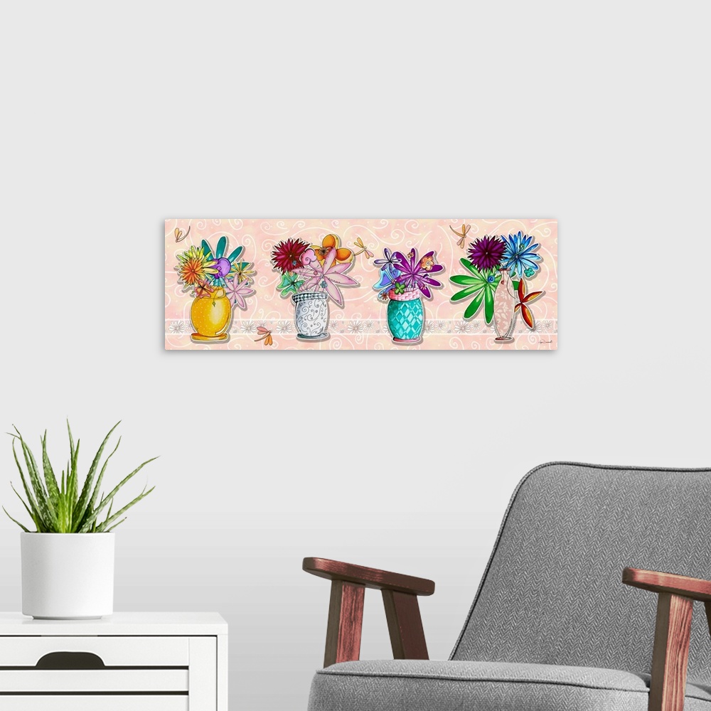 A modern room featuring Illustration of four bouquets of flowers in pretty vases in a row.