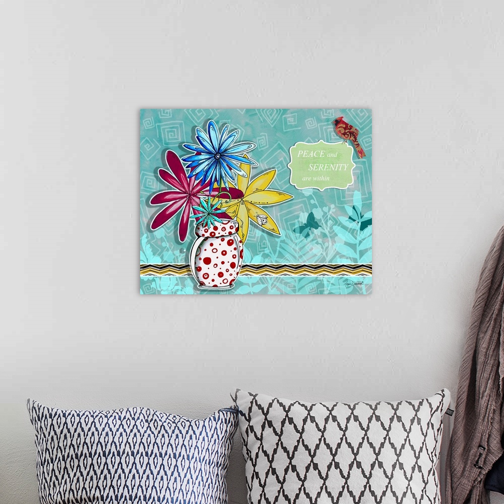 A bohemian room featuring Cute illustration of a bouquet of flowers on a patterned background, with an inspirational quote ...