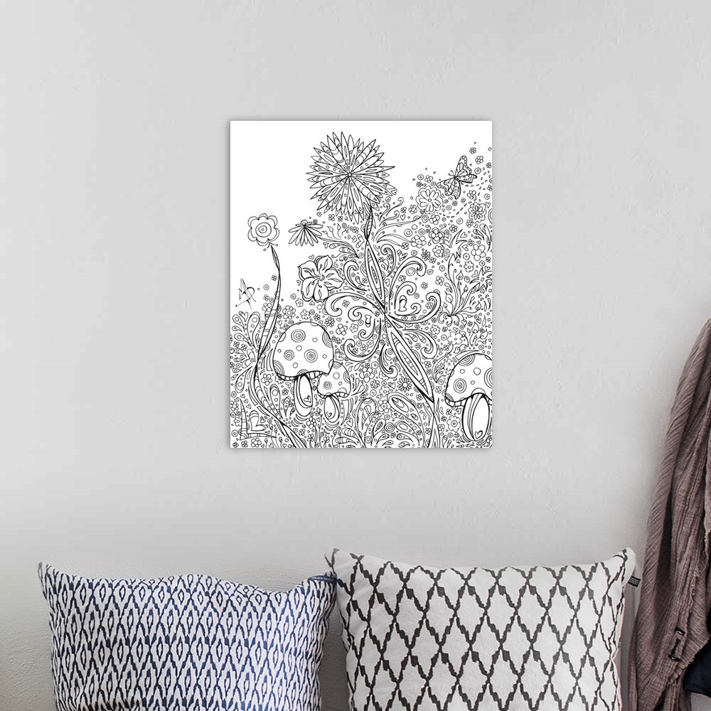 A bohemian room featuring Black and white line art of a garden with several different flowers and mushrooms.