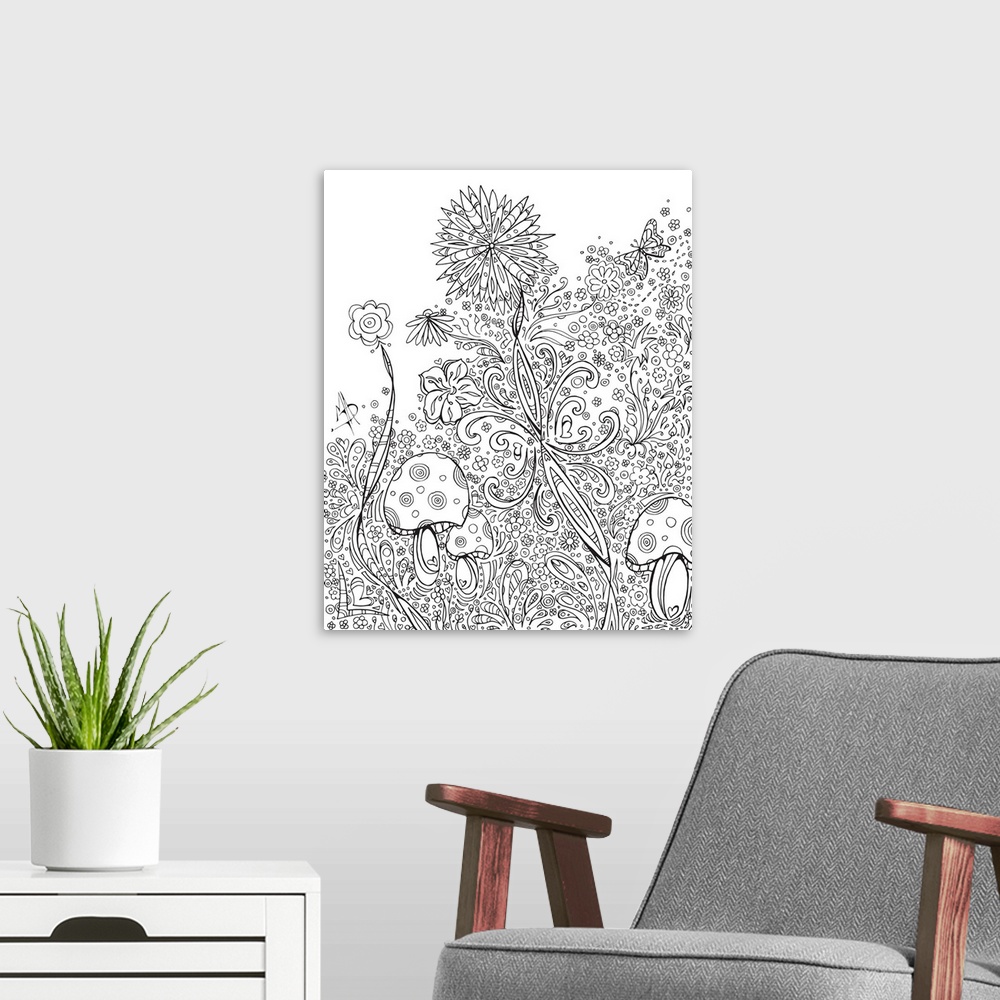 A modern room featuring Black and white line art of a garden with several different flowers and mushrooms.