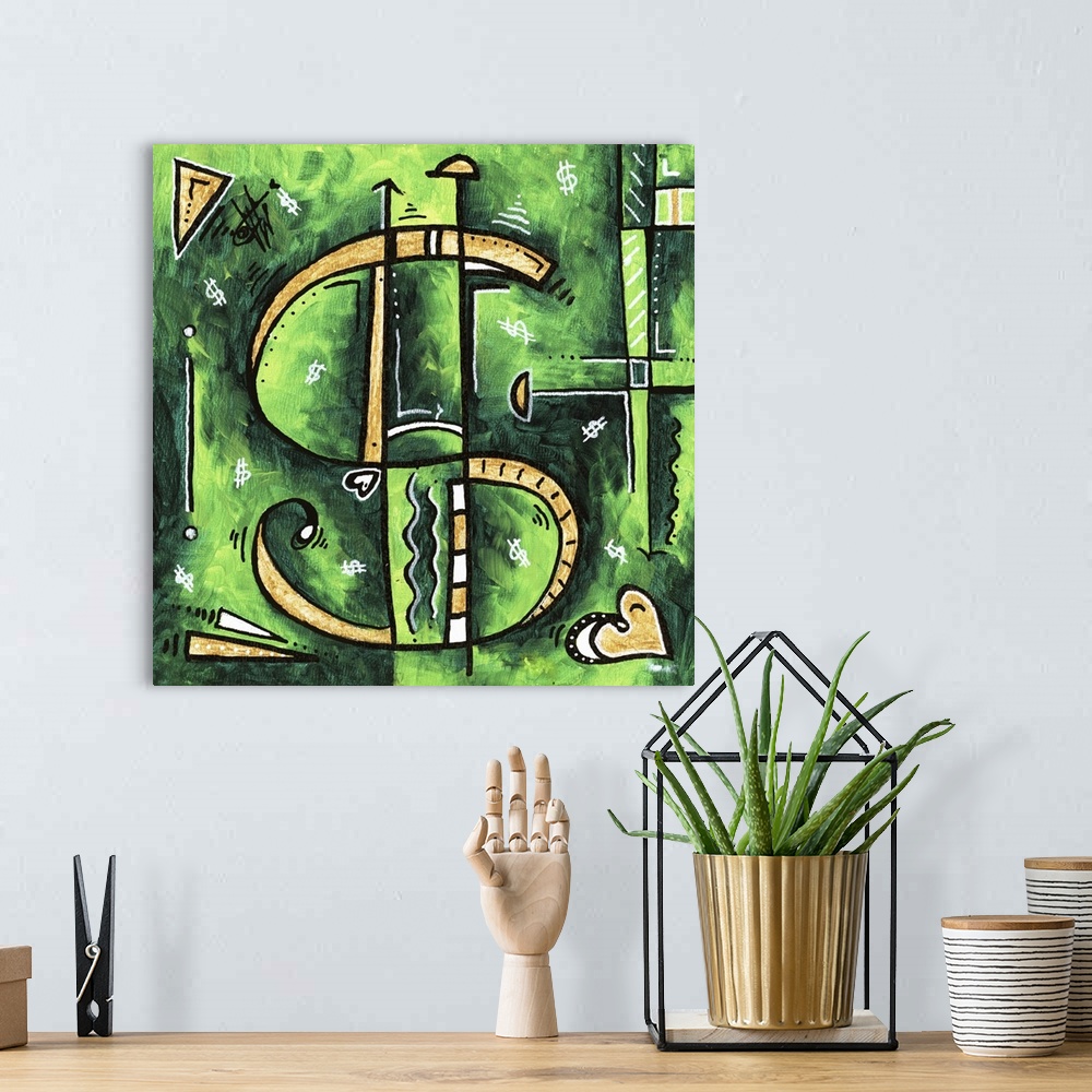 A bohemian room featuring Pop art of a golden dollar symbol over a deep green background.