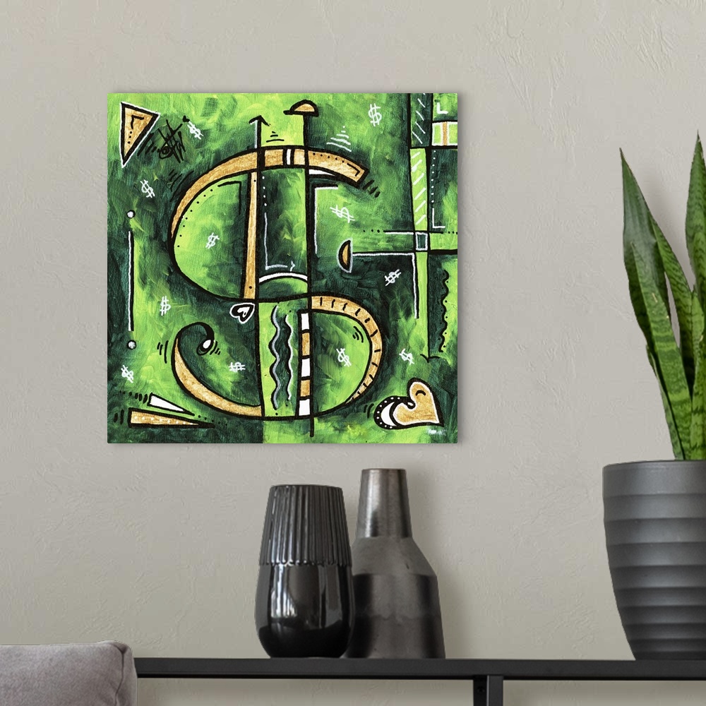 A modern room featuring Pop art of a golden dollar symbol over a deep green background.