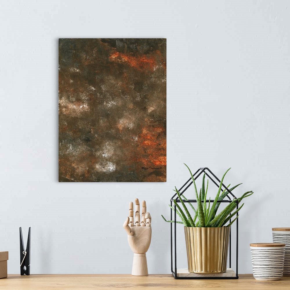 A bohemian room featuring A contemporary abstract painting that is full of texture and dark hues. There are pops of orange ...