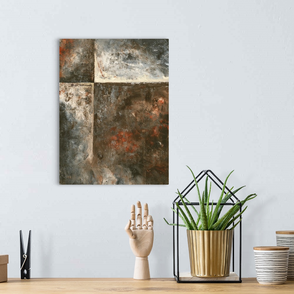 A bohemian room featuring A contemporary abstract painting that is full of texture and dark hues. There are pops of orange ...