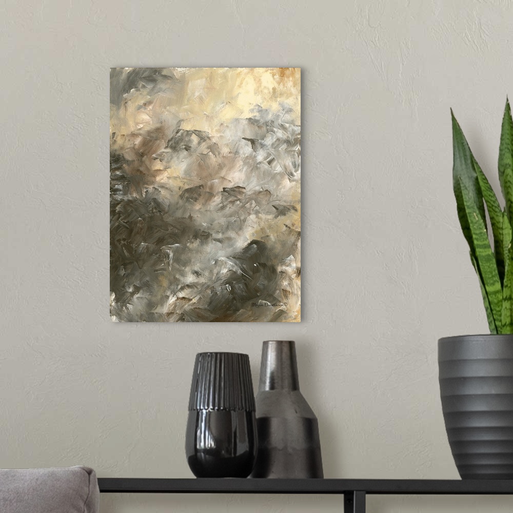 A modern room featuring A contemporary abstract painting that has a textured pattern from the rich brushstrokes moving in...