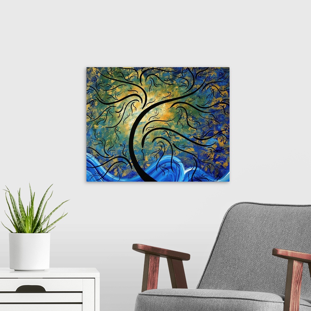 A modern room featuring Abstract artwork of a tree that has golden leaves and the sun just behind it. A wave of blue is p...