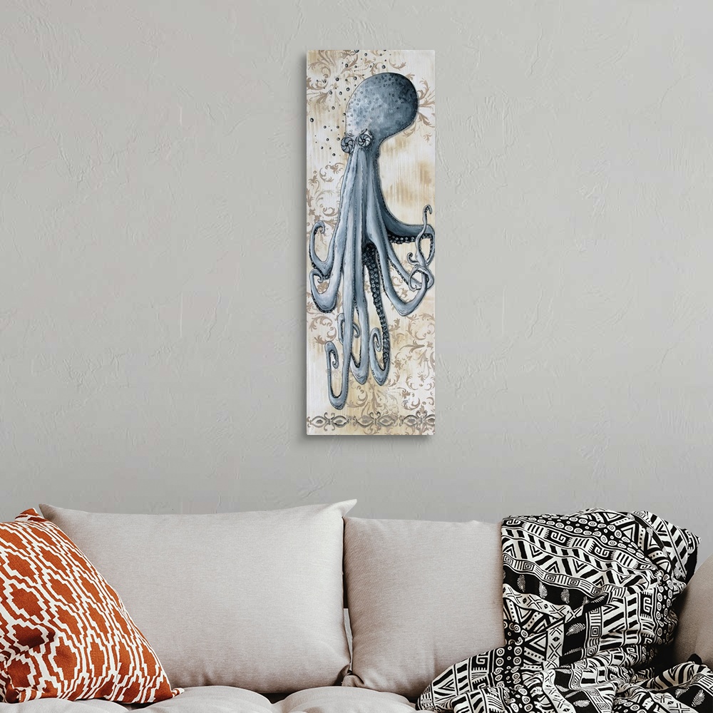 A bohemian room featuring Vertical painting of an octopus with its tentacles hanging down on a floral print background.