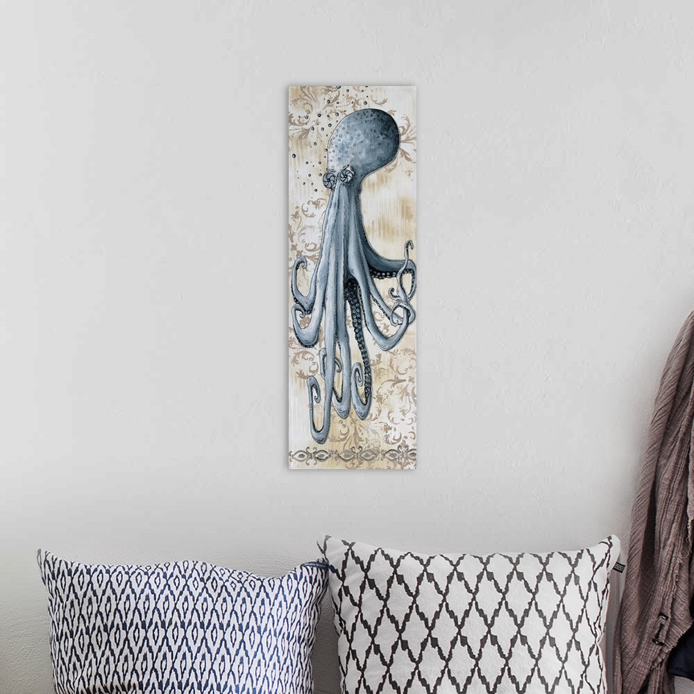 A bohemian room featuring Vertical painting of an octopus with its tentacles hanging down on a floral print background.