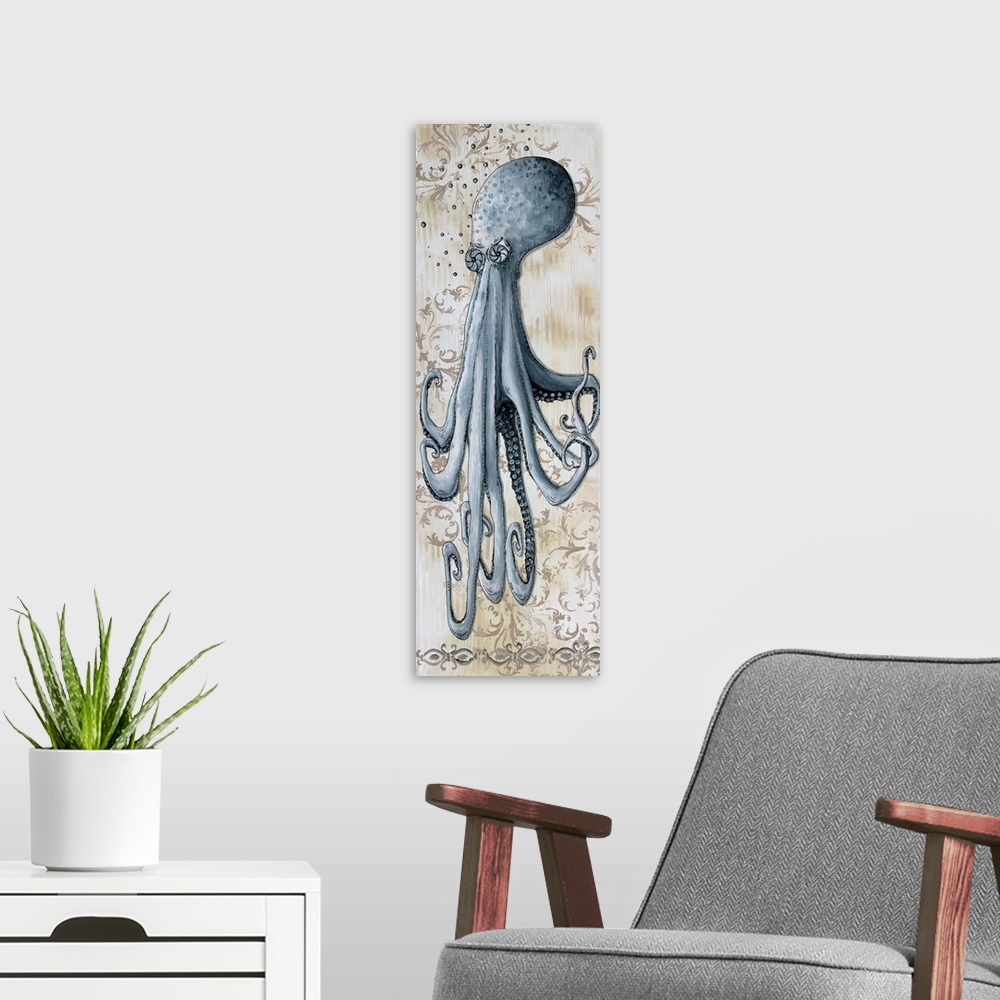 A modern room featuring Vertical painting of an octopus with its tentacles hanging down on a floral print background.