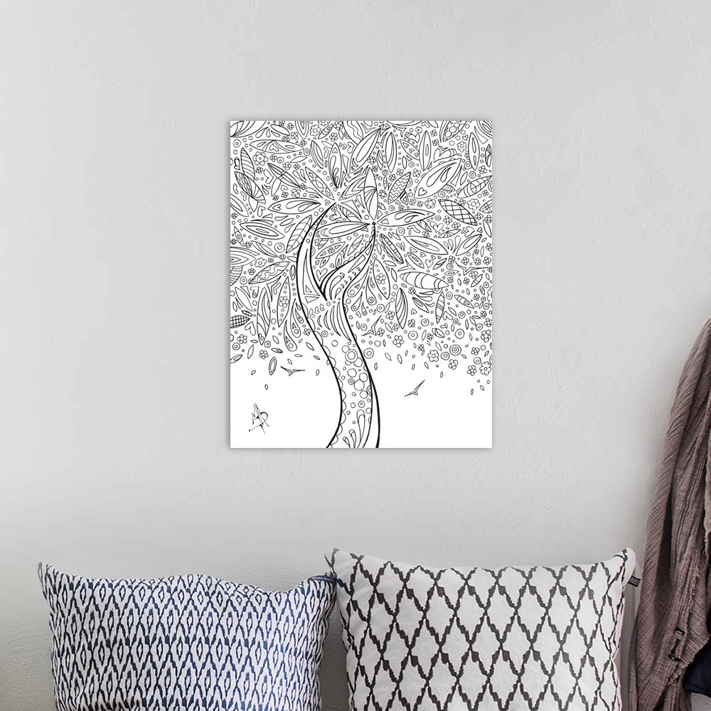 A bohemian room featuring Black and white line art of a graceful  tree with leafy branches and blossoms.