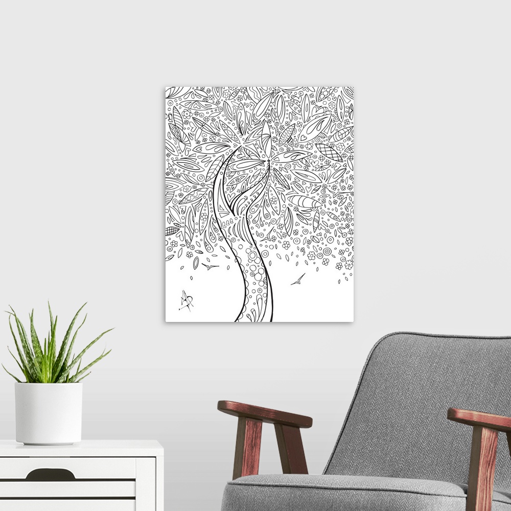 A modern room featuring Black and white line art of a graceful  tree with leafy branches and blossoms.