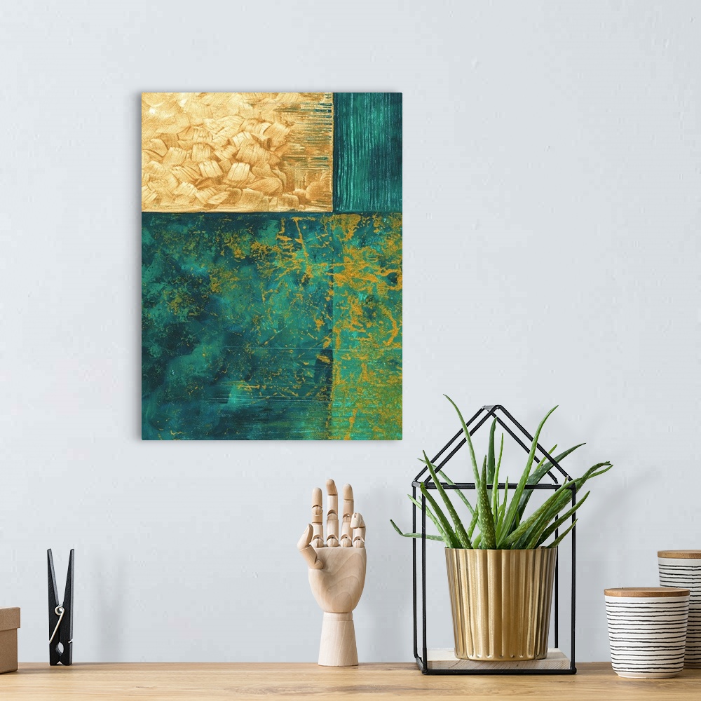 A bohemian room featuring Contemporary abstract painting using geometric shapes and dark green and gold.