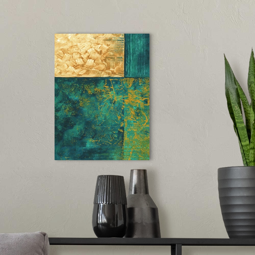 A modern room featuring Contemporary abstract painting using geometric shapes and dark green and gold.