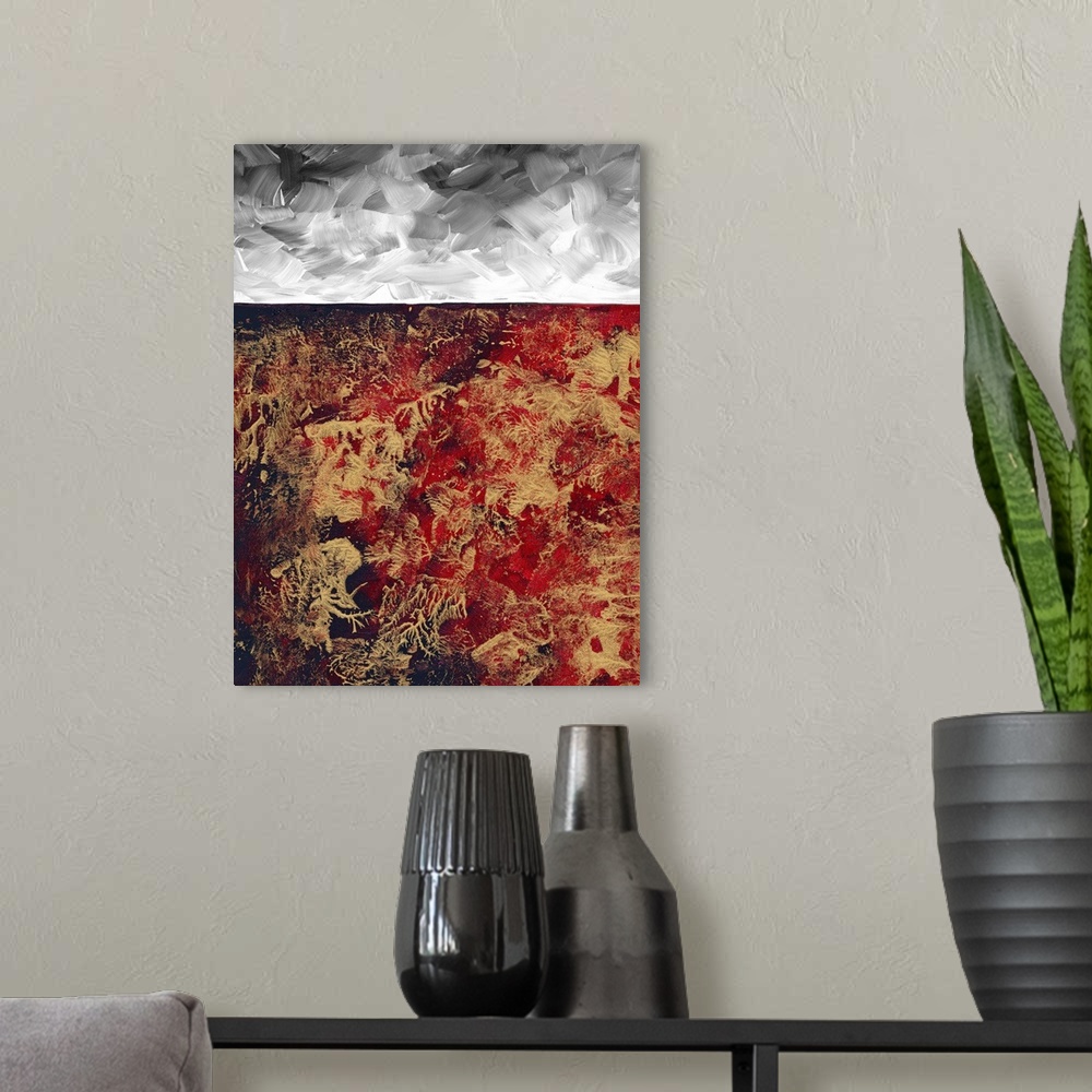 A modern room featuring Contemporary abstract painting using deep red tones with gold and gray.