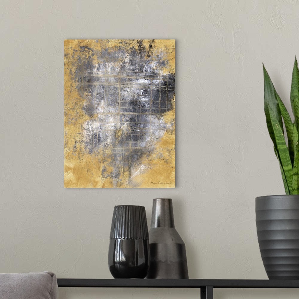 A modern room featuring A contemporary abstract painting that has a gold background and gray, black and white hues on top...
