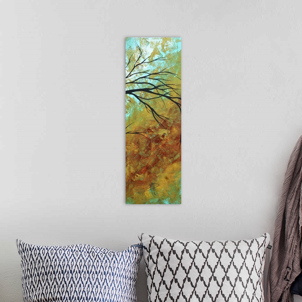 A bohemian room featuring Vertical contemporary painting on a large canvas of thin tree branches bending slightly downward,...