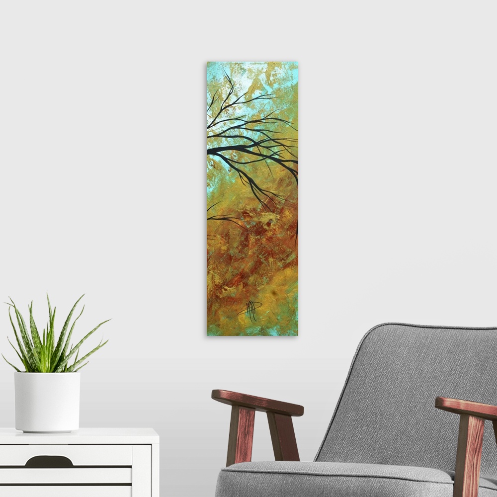 A modern room featuring Vertical contemporary painting on a large canvas of thin tree branches bending slightly downward,...