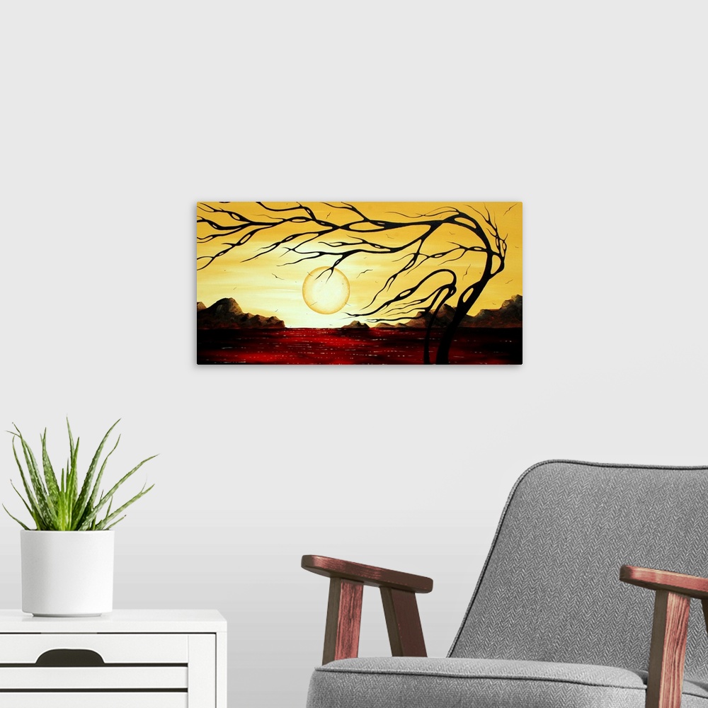 A modern room featuring This artwork is a surreal landscape by a contemporary artist of a stylized tree, rocks lining a b...