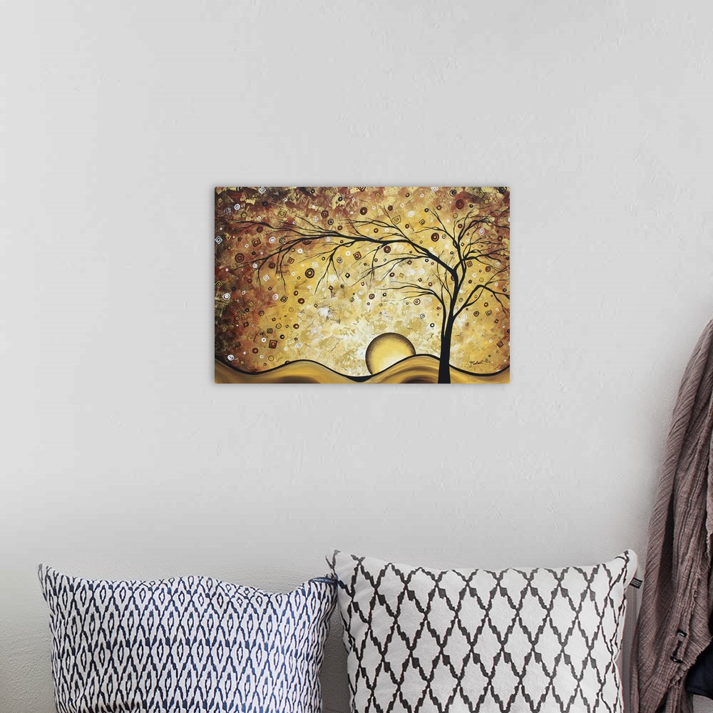 A bohemian room featuring Contemporary art piece of a giant, leafless tree on rolling hills with the sun setting and star s...