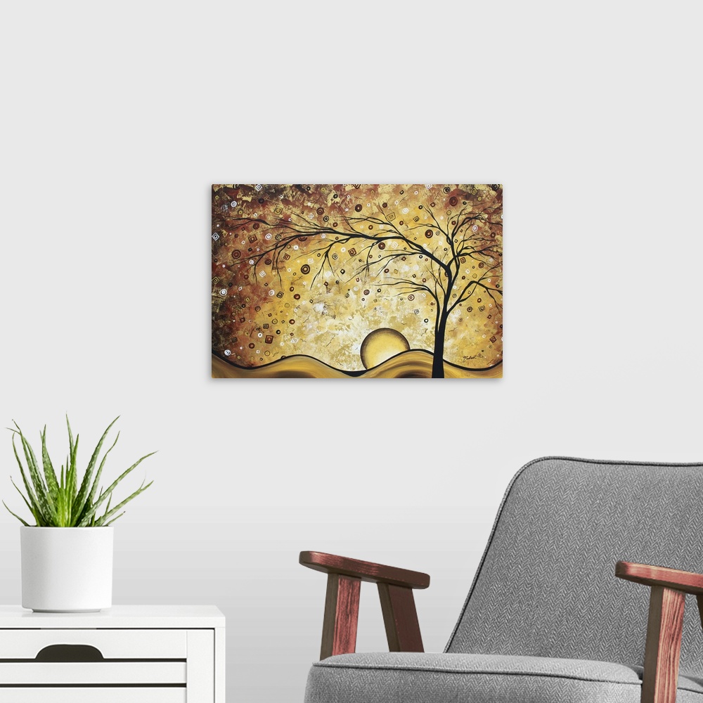 A modern room featuring Contemporary art piece of a giant, leafless tree on rolling hills with the sun setting and star s...