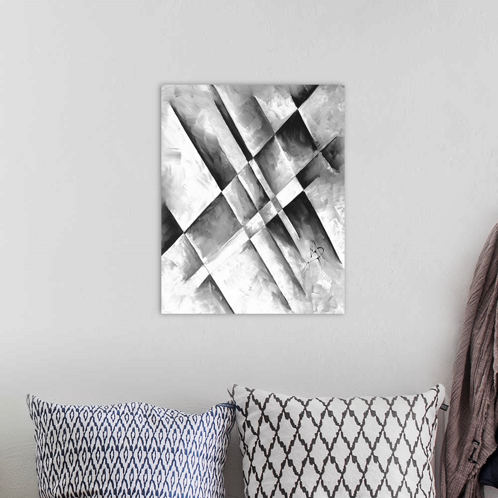 A bohemian room featuring Contemporary abstract painting using gray toned geometric shapes.