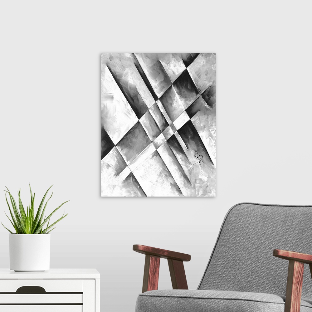 A modern room featuring Contemporary abstract painting using gray toned geometric shapes.