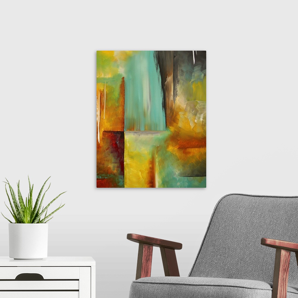 A modern room featuring Abstract artwork that has various colored blocks created with paint strokes going in different di...