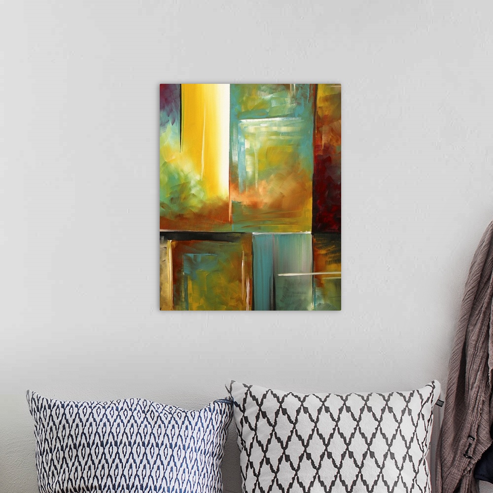 A bohemian room featuring Vertical contemporary painting on a large wall hanging of various square and rectangular shapes, ...