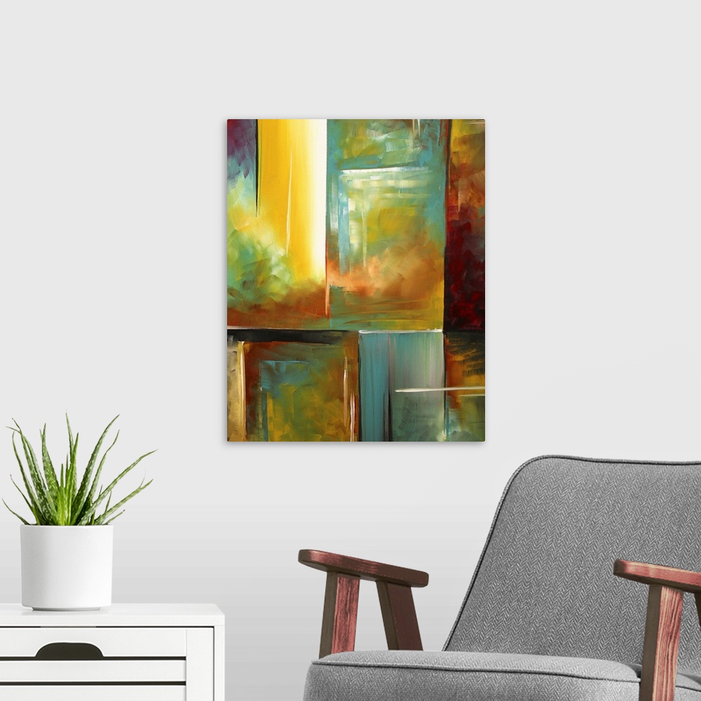 A modern room featuring Vertical contemporary painting on a large wall hanging of various square and rectangular shapes, ...