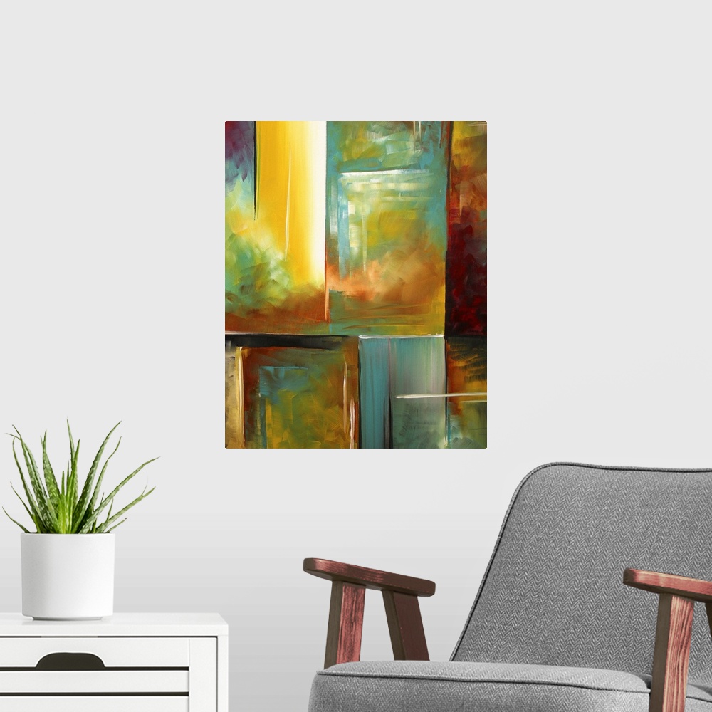 A modern room featuring Vertical contemporary painting on a large wall hanging of various square and rectangular shapes, ...