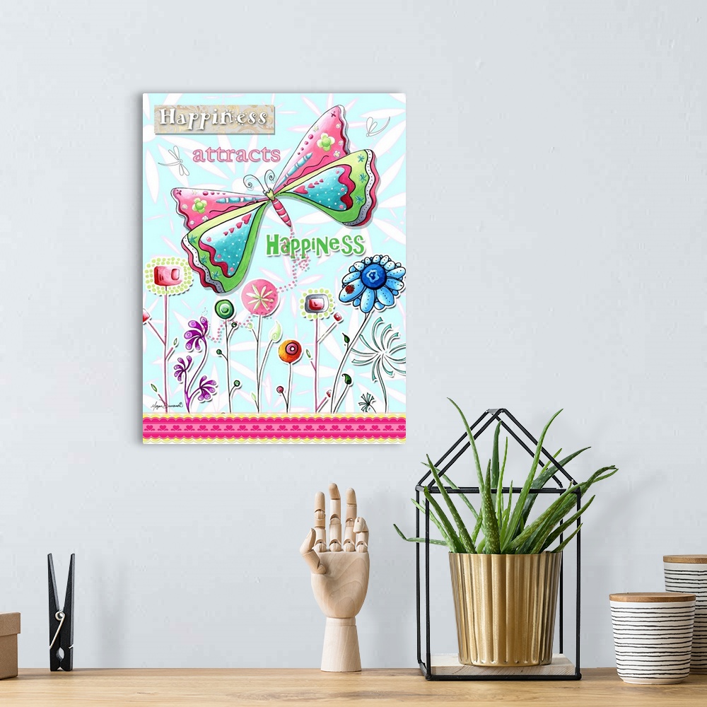 A bohemian room featuring Charming drawing of a butterfly and a row of whimsical flowers with an inspirational quote.