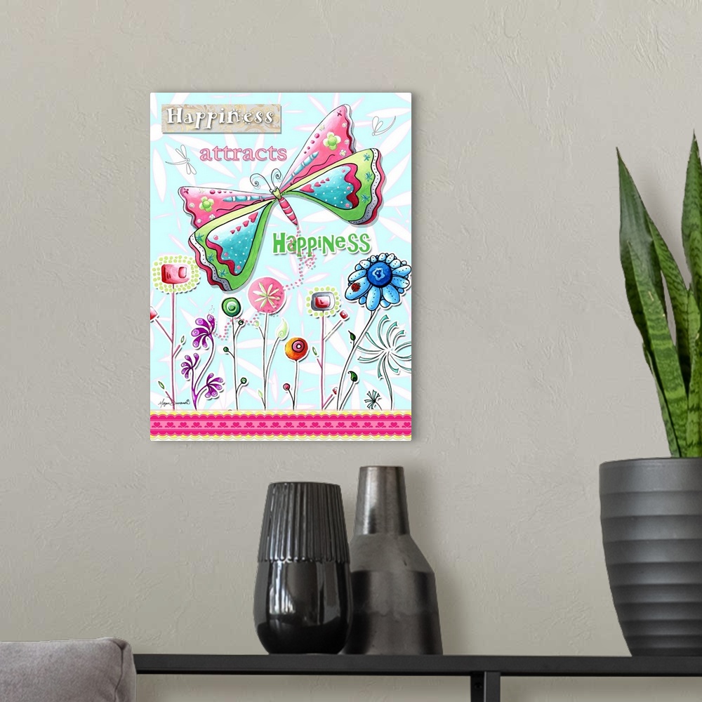 A modern room featuring Charming drawing of a butterfly and a row of whimsical flowers with an inspirational quote.