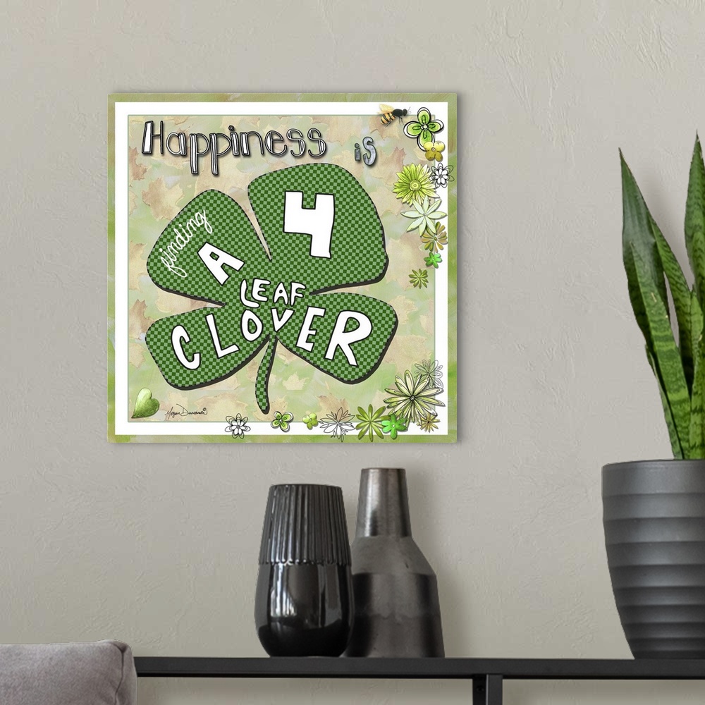 A modern room featuring Whimsical artwork of a large lucky clover with illustrated text.