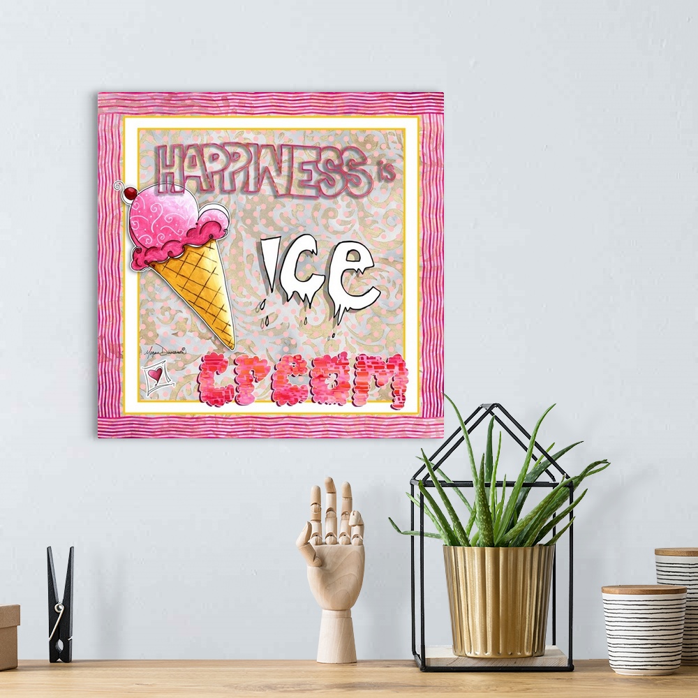 A bohemian room featuring Charming drawing of an ice cream cone and illustrated text.
