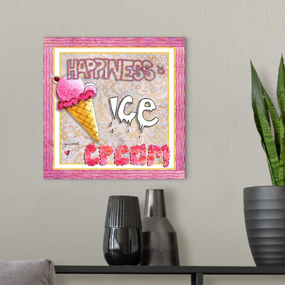 A modern room featuring Charming drawing of an ice cream cone and illustrated text.