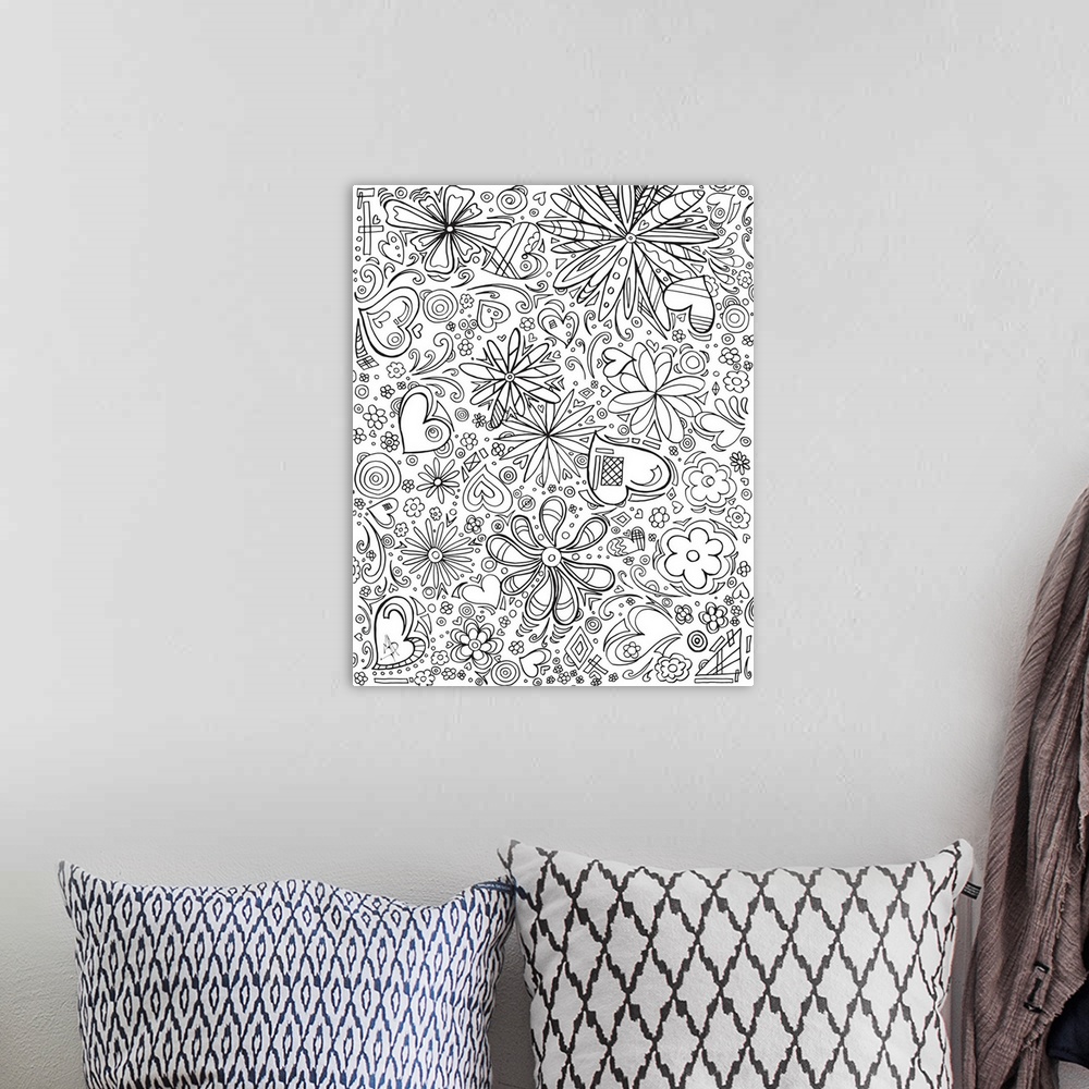 A bohemian room featuring Black and white line art of an assortment of hearts and flowers of different patterns and sizes.