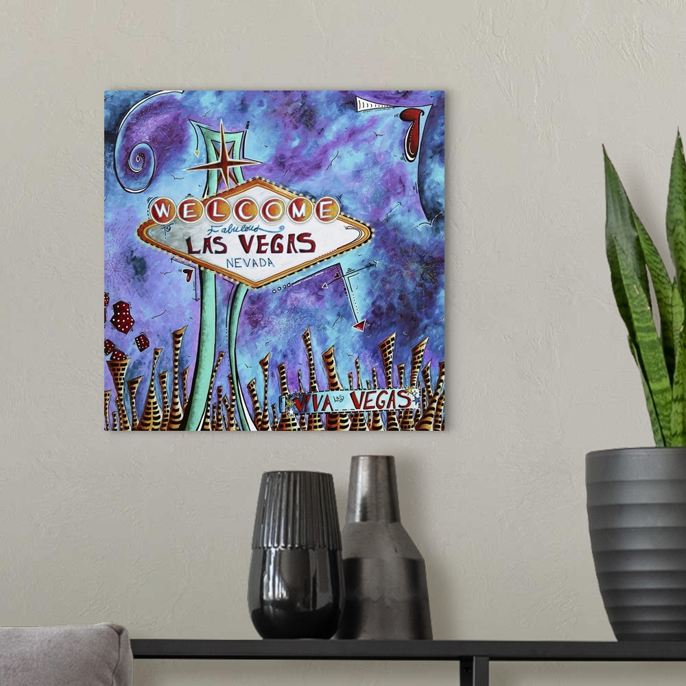 A modern room featuring Contemporary painting of the Vegas sign against a purple and blue colored sky.