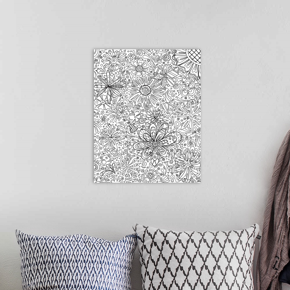 A bohemian room featuring Black and white line art of a garden full of different shapes and sizes of flowers.